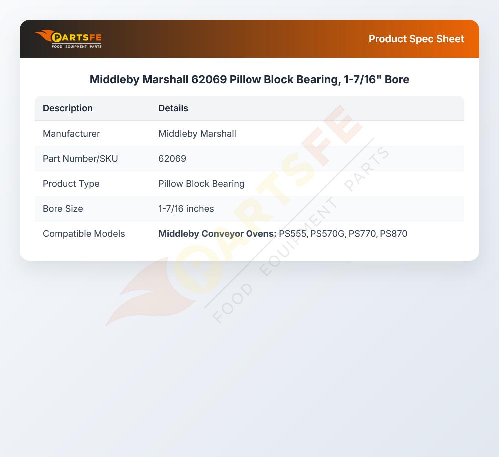 Middleby Marshall 62069 Pillow Block Bearing, 1-7/16" Bore