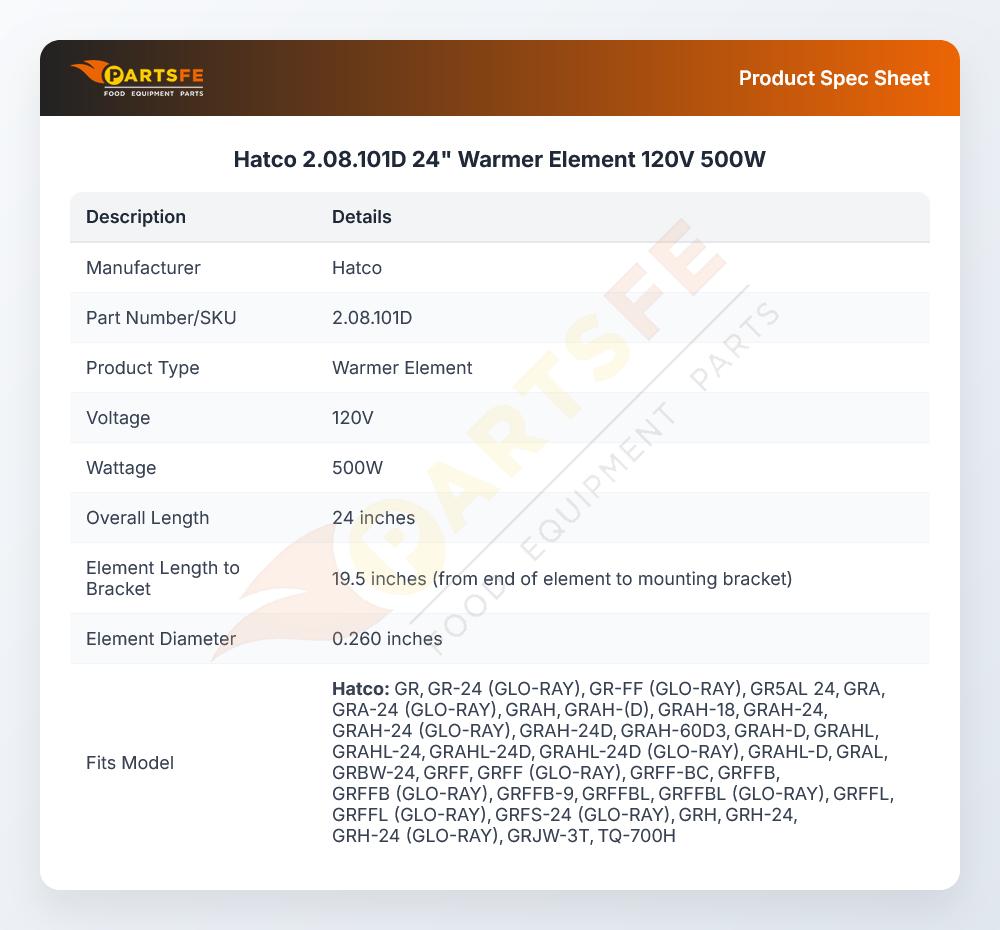 Hatco 2.08.101D 24" Warmer Element 120V 500W