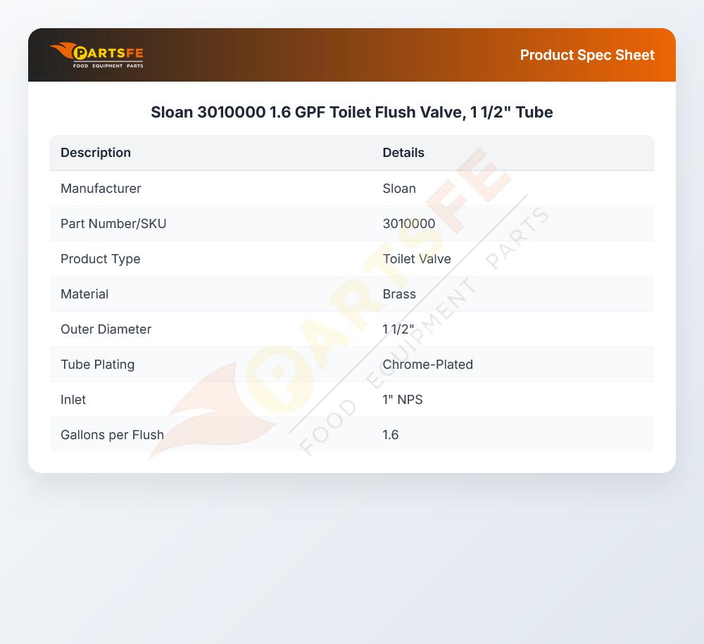 Sloan 3010000 1.6 GPF Toilet Flush Valve, 1 1/2" Tube