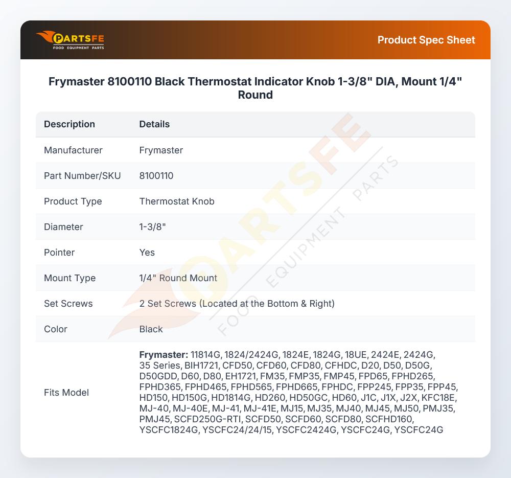 Frymaster 8100110 Fryer Thermostat Fenwal Knob Black W/2 ALNHD Screw