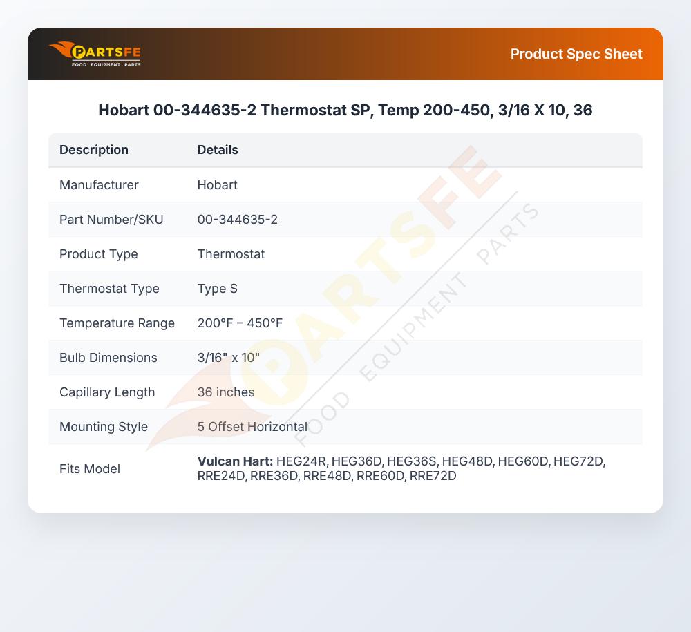 Hobart 00-344635-2 Thermostat SP, Temp 200-450,  3/16 X 10, 36