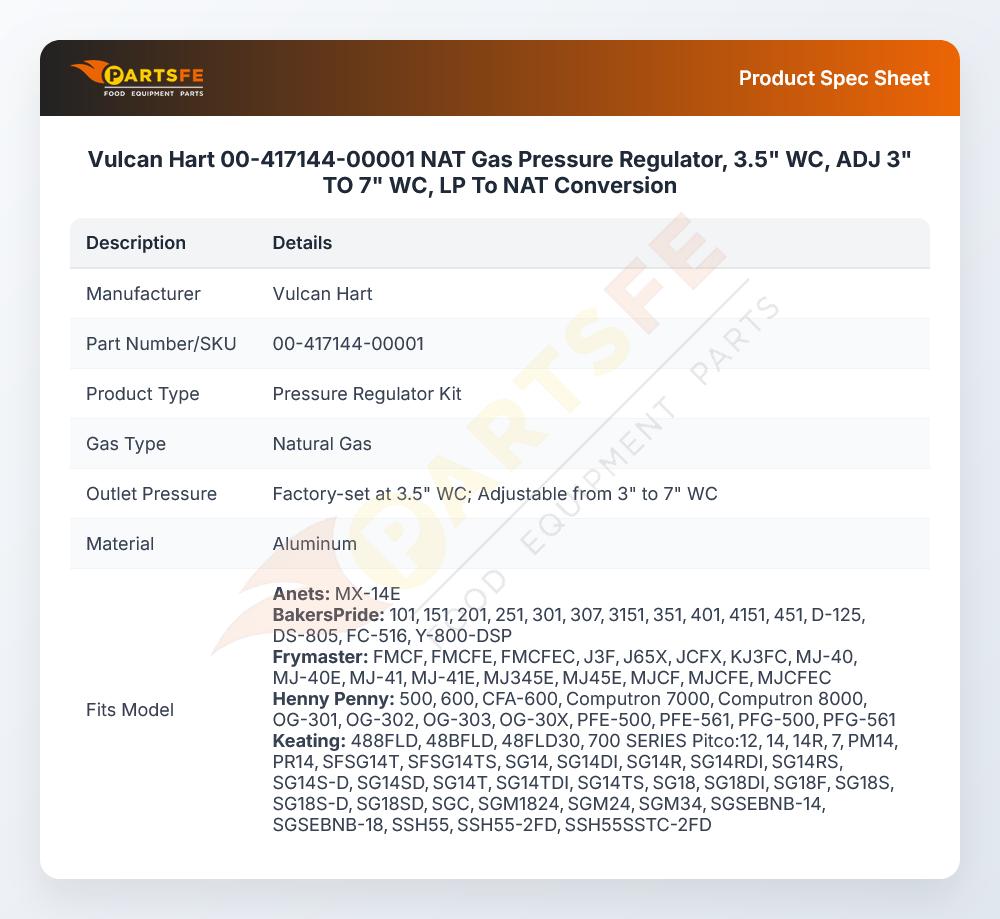 Vulcan Hart 00-417144-00001 NAT Gas Pressure Regulator, 3.5" WC, ADJ 3" TO 7" WC,  LP To NAT Conversion