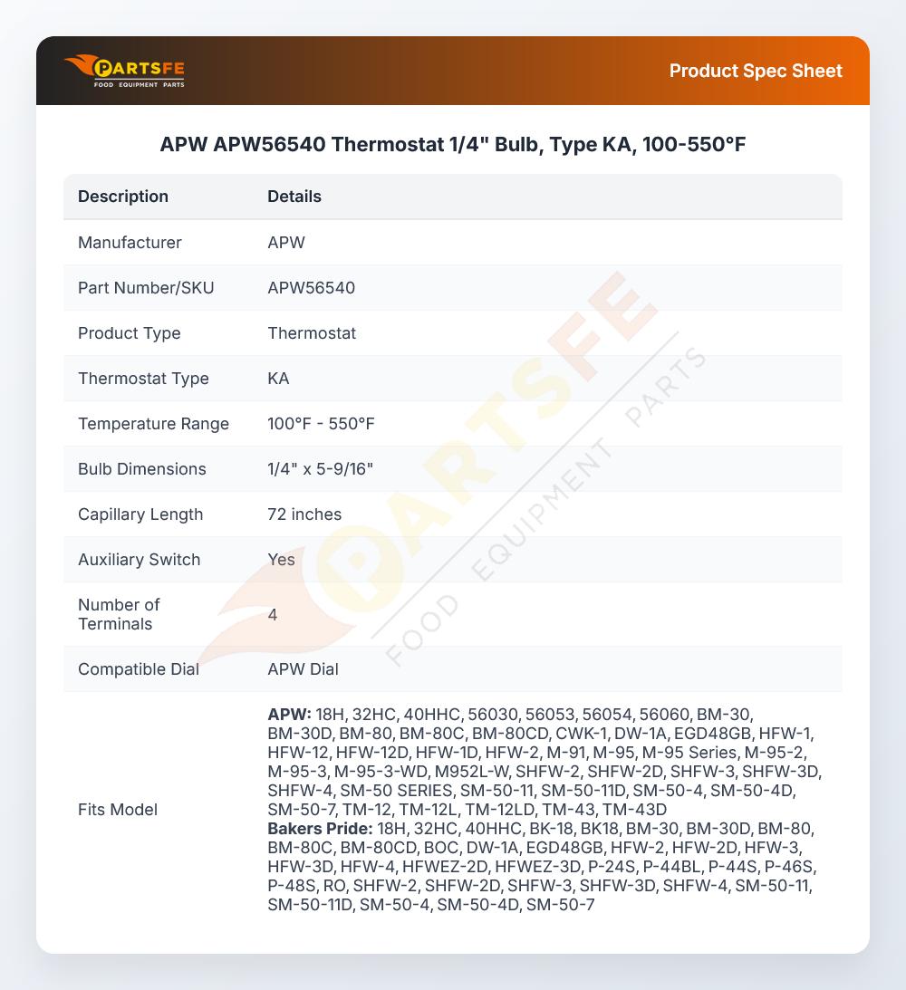 APW APW56540 Thermostat  1/4" Bulb, Type KA, 100-550&deg;F