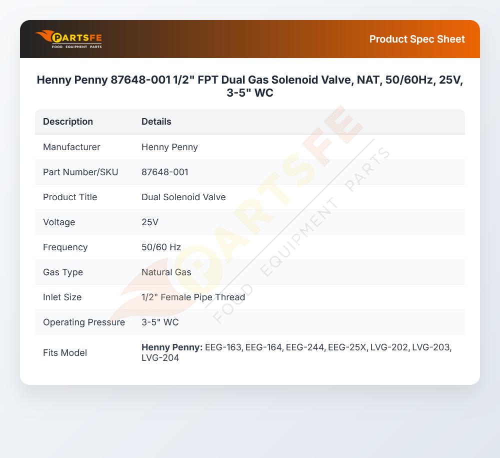 Henny Penny 87648-001 1/2" FPT Dual Gas Solenoid Valve, NAT, 50/60Hz, 25V, 3-5" WC