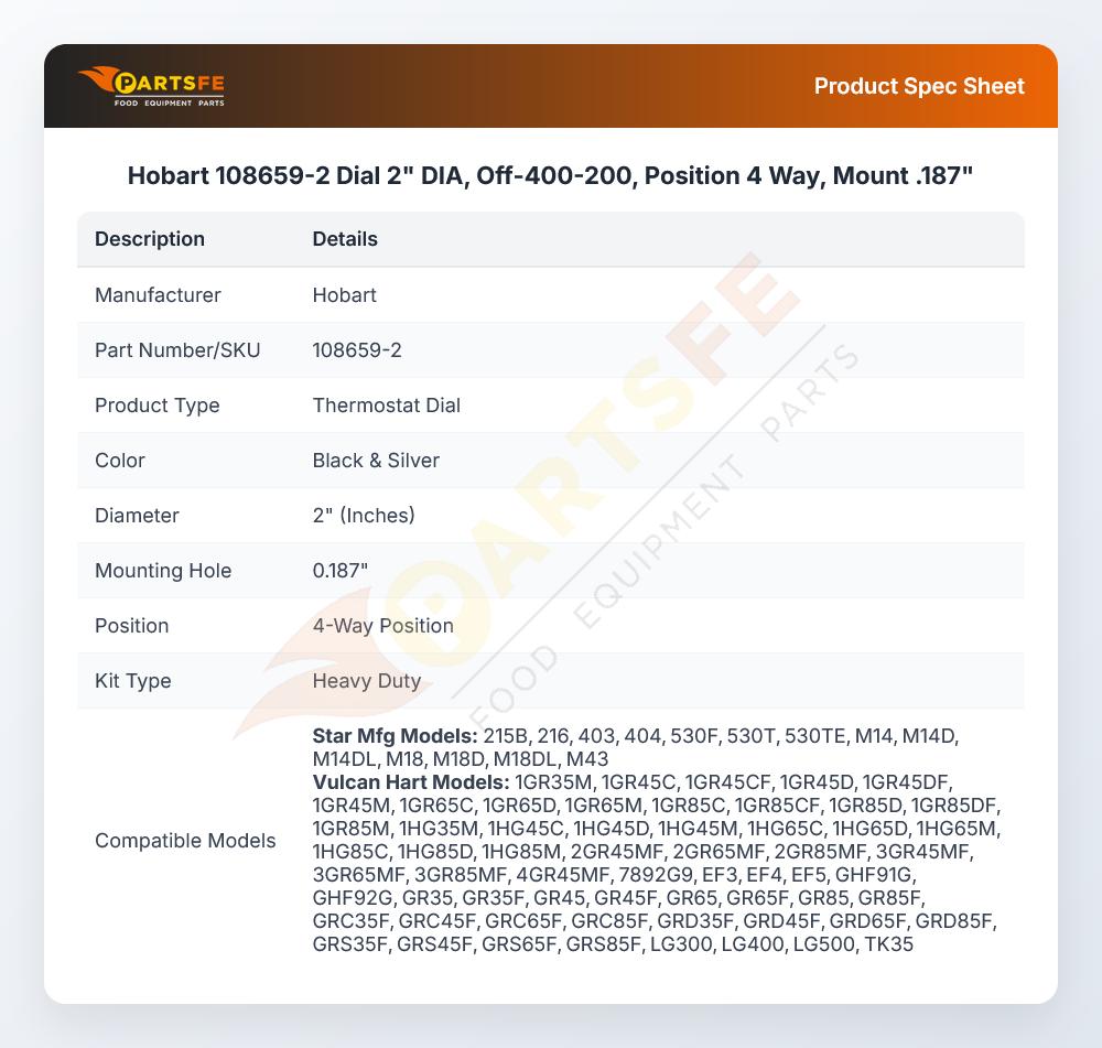 Hobart 108659-2 Dial 2" DIA, Off-400-200, Position 4 Way, Mount .187"