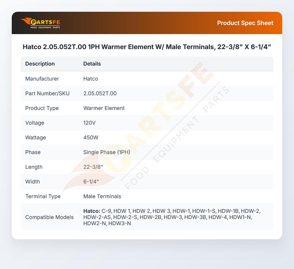 Hatco 2.05.052T.00 1PH Warmer Element W/ Male Terminals, 22-3/8" X 6-1/4"
