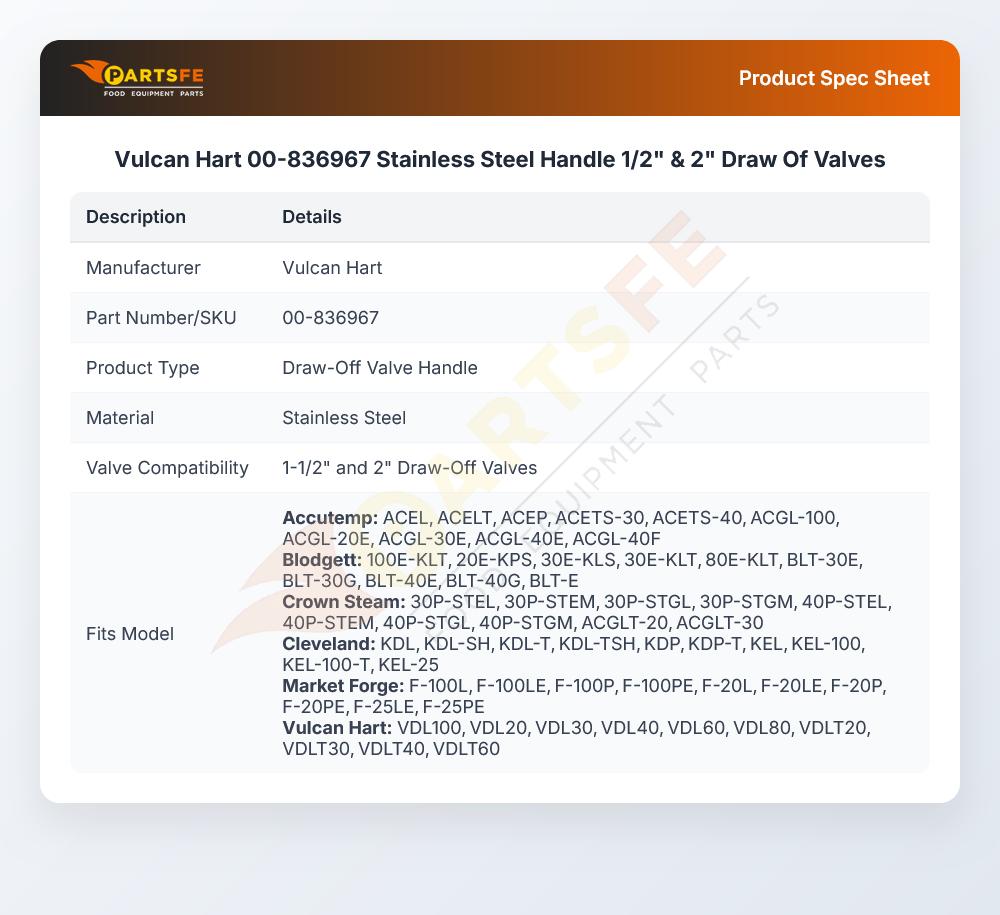 Vulcan Hart 00-836967 Stainless Steel Handle 1/2" & 2" Draw Of Valves