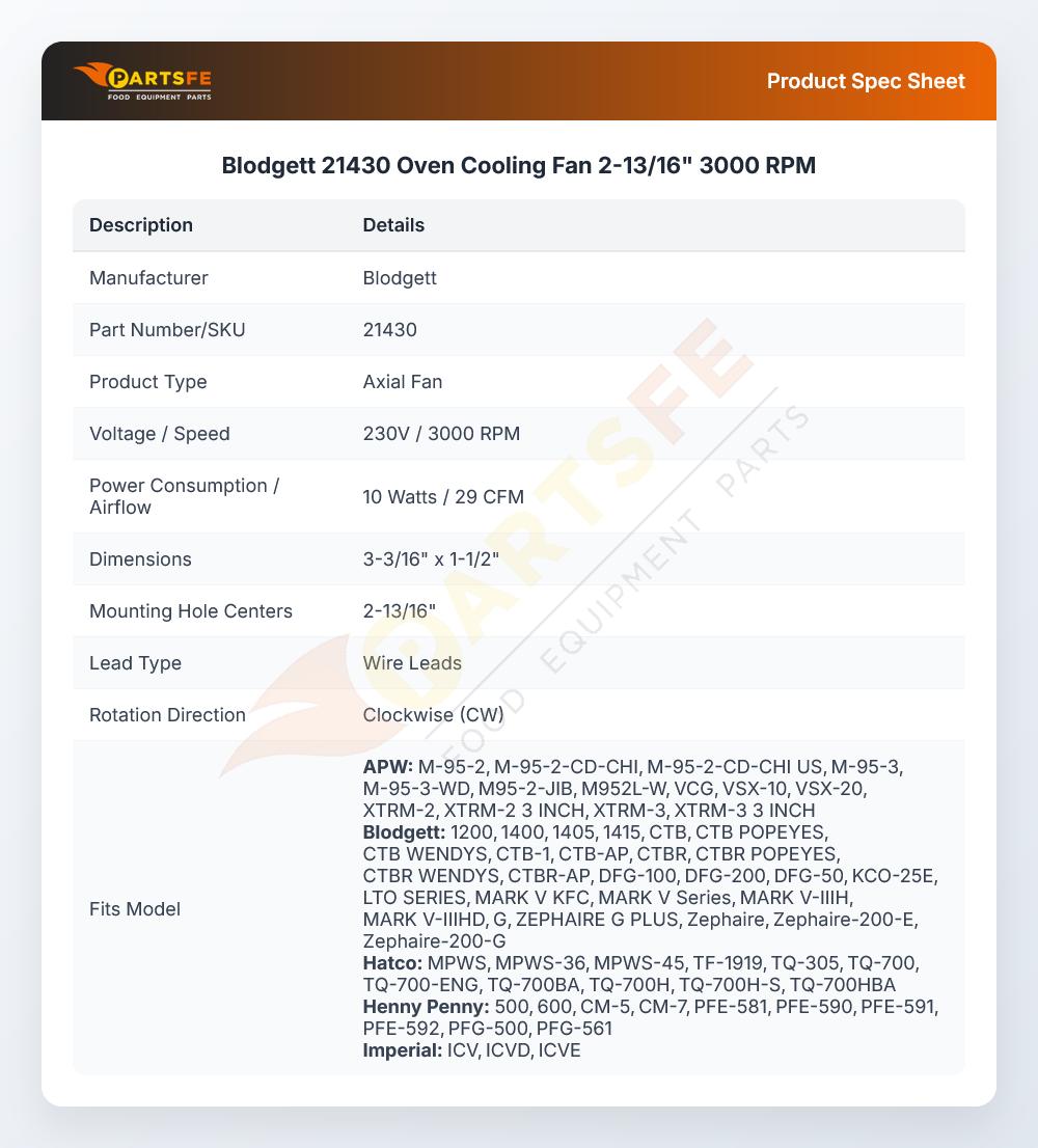 Blodgett 21430 Oven Cooling Fan 2-13/16" 3000 RPM