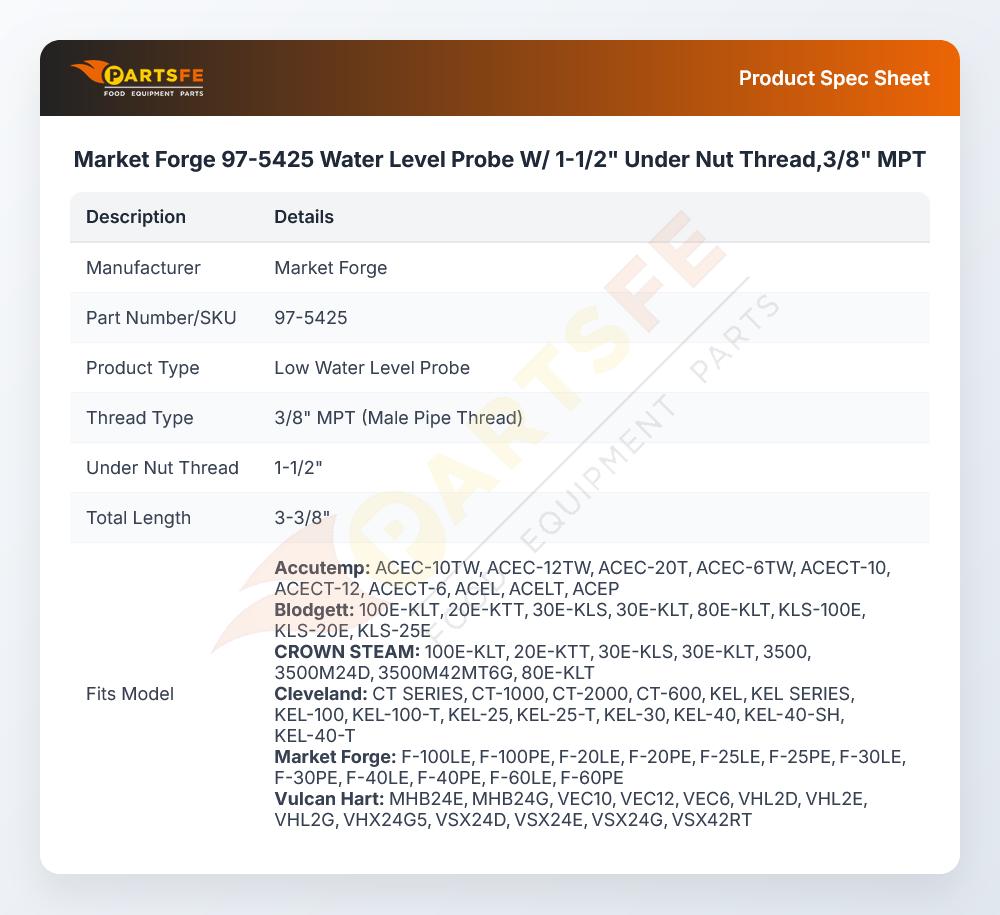 Market Forge 97-5425 Water Level Probe W/ 1-1/2" Under Nut Thread,3/8" MPT