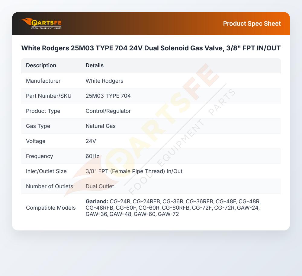 White Rodgers 25M03 TYPE 704 Dual Solenoid Gas Valve 24V 3/8" TYPE 704